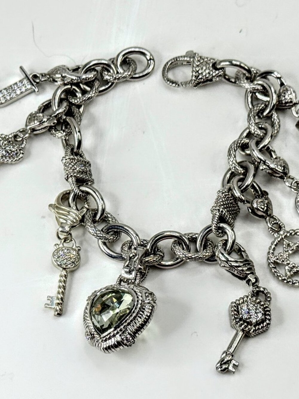 Vintage Judith Ripka Sterling Silver Multi Charm Link Bracelet 8 Inch JR1699
